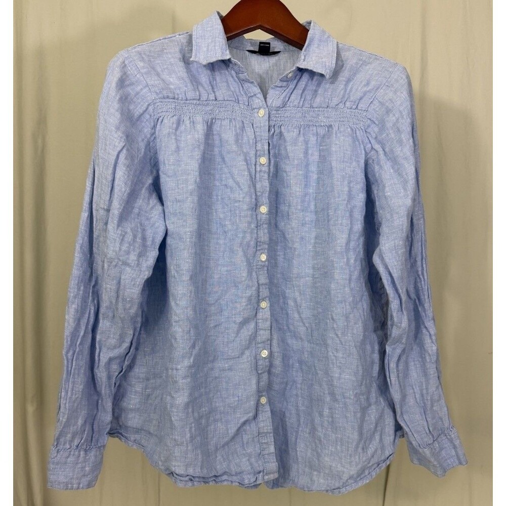 Lands End Women’s XL 16-18 Chambray Blue Linen Smock Button Up Tunic Top Blouse